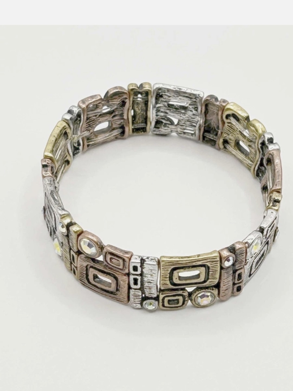 Premier Designs "Century" Tri-Tone Geometric Stretch Bracelet w/ Crystal Accents